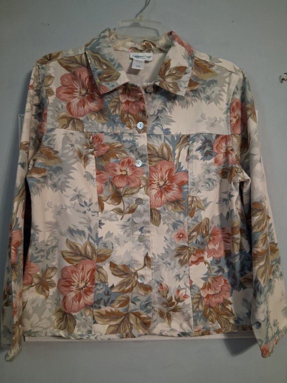 Coldwater Creek Floral Jacket M 100% Cotton Denim Buttons Boho Country